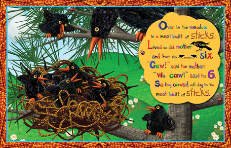 Baby crows illustration from Over in the Meadow